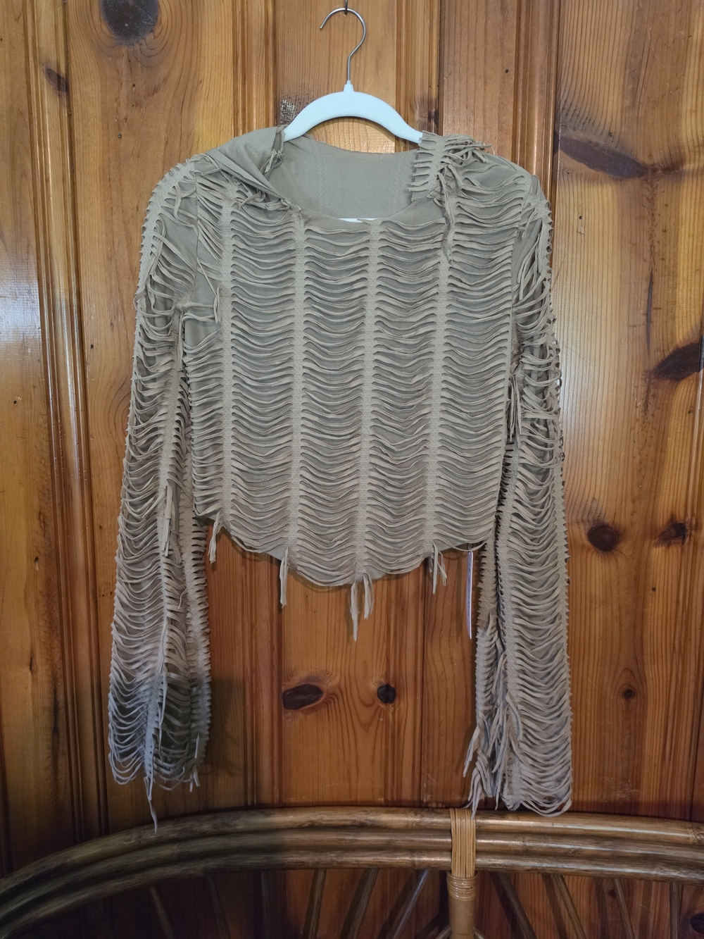 Women's Beige Hooded Fringe Knit Hoodie - Picture 14 of 16
